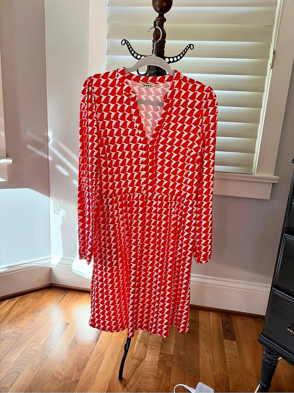 Boden Naomi Jersey Dress Geometric Midi in Red & White Size 10